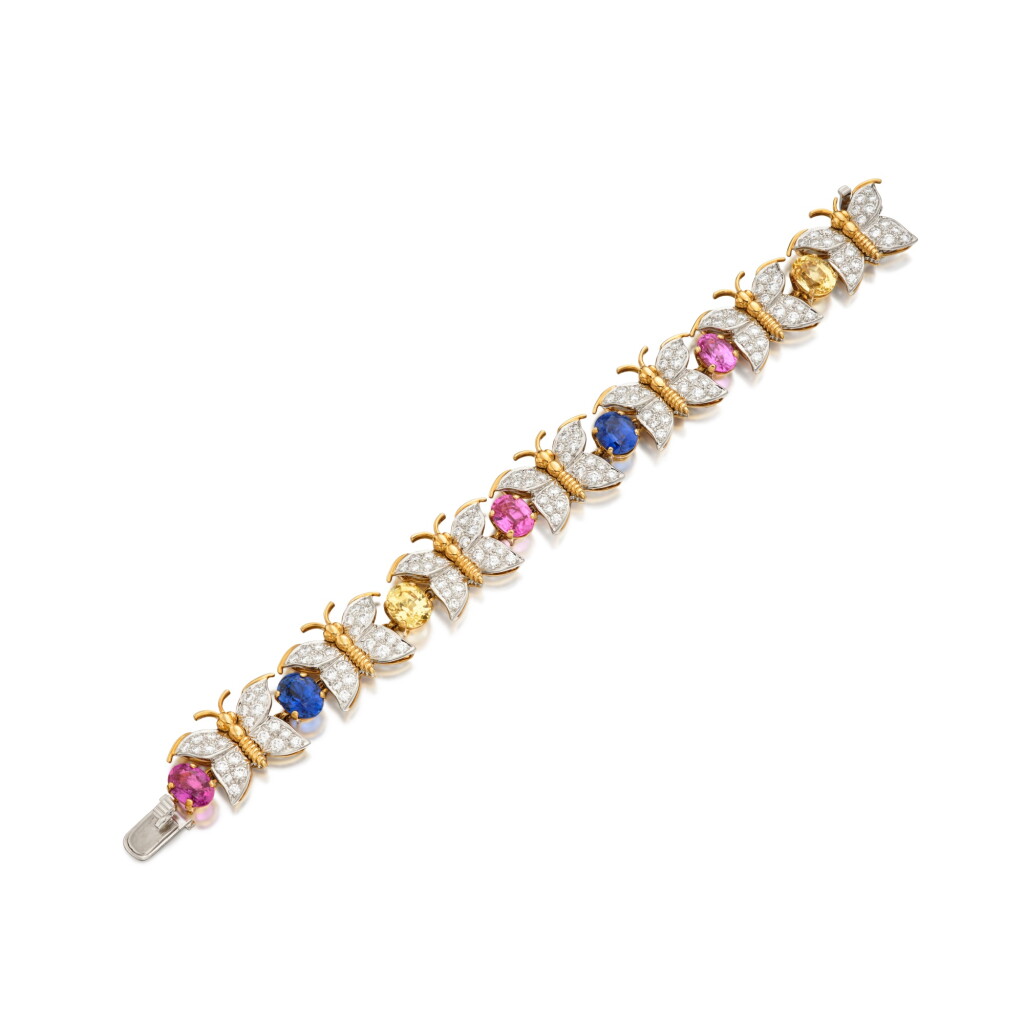View full screen - View 1 of Lot 5. Colored Sapphire and Diamond 'Seven Butterflies' Bracelet.