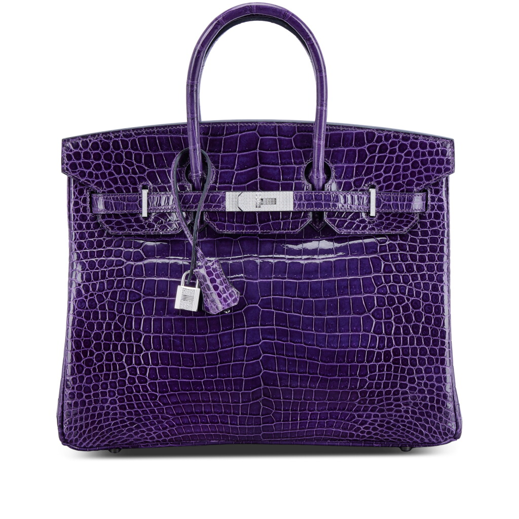 View full screen - View 1 of Lot 593. Amethyst Shiny Porosus Crocodile Birkin 35 18K White Gold and Diamond Hardware, 2005.