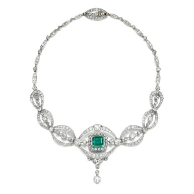 View full screen - View 1 of Lot 182. Emerald and diamond necklace, early 20th century.