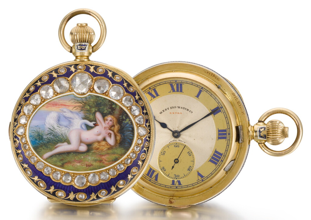 View full screen - View 1 of Lot 228. WEST END WATCH CO. | A GOLD, ENAMEL AND DIAMOND-SET HALF-HUNTING CASED MINUTE REPEATING CLOCK WATCH MADE FOR THE INDIAN MARKET | CIRCA 1910.