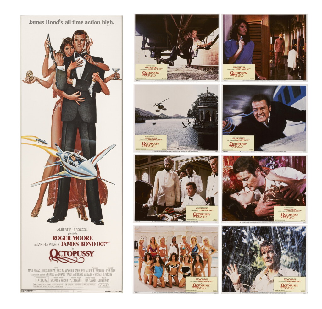 View full screen - View 1 of Lot 37. Octopussy (1983), poster and set of 8 lobby cards, US.