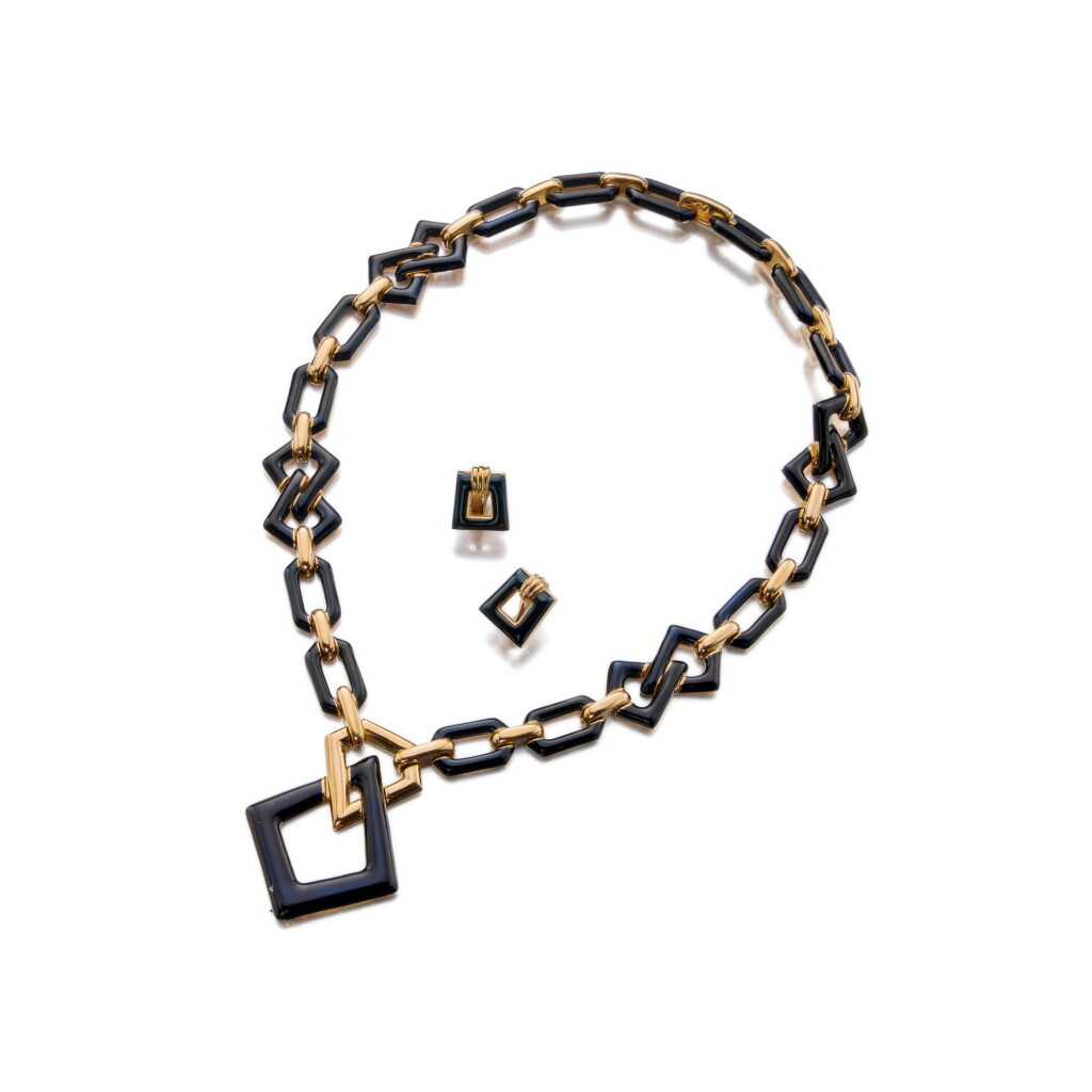 View full screen - View 1 of Lot 6. Gold and Enamel Pendant-Necklace and Pair of Earclips.