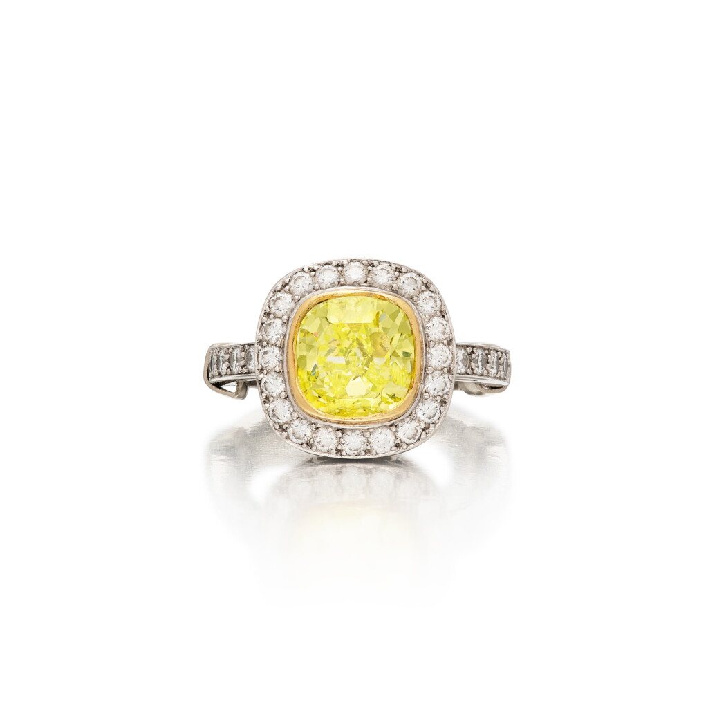 View full screen - View 1 of Lot 188. Fancy Vivid Yellow-Green Diamond and Diamond Ring.