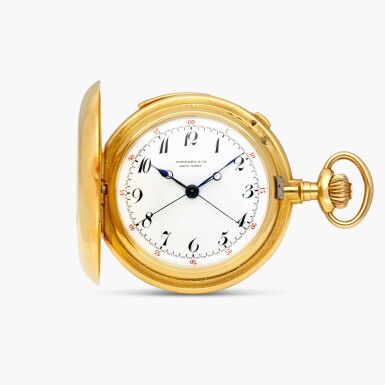 View full screen - View 1 of Lot 2307. A yellow gold minute repeating split seconds chronograph hunting case keyless lever watch with enamel dial, Retailed by Tiffany & Co., Made in 1892.