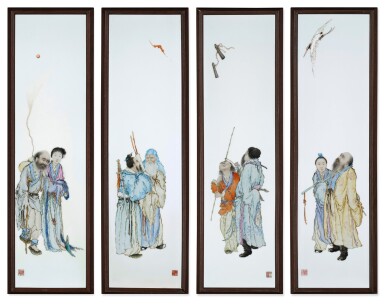 View full screen - View 1 of Lot 762. An exceptional and rare set of four famille-rose 'Eight Immortals' plaques, By Wang Qi, Republic period, 1920s | 民國 1920年代 王琦作粉彩八仙圖瓷板一套四幅.