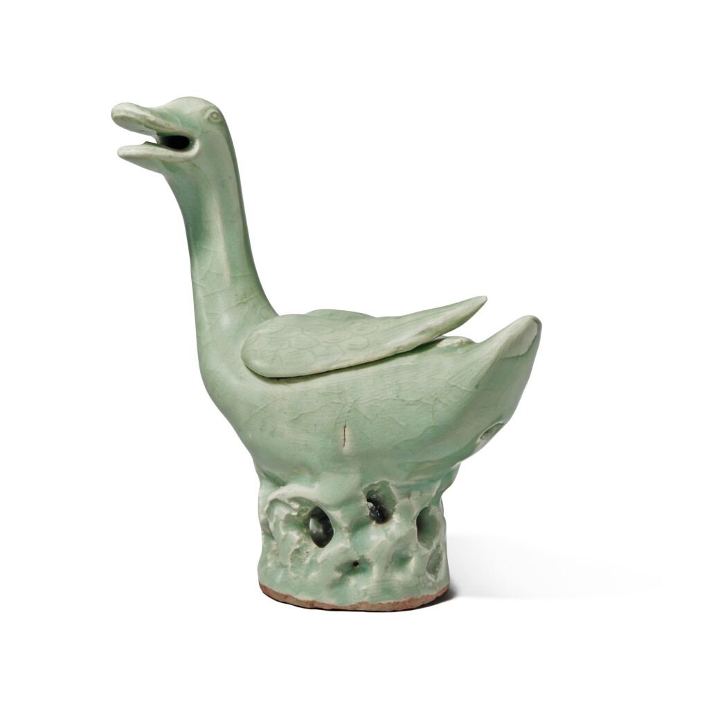 View full screen - View 1 of Lot 182. A 'Longquan' celadon-glazed duck-form censer, Ming dynasty | 明 龍泉窰青釉瑞鵝式爐.