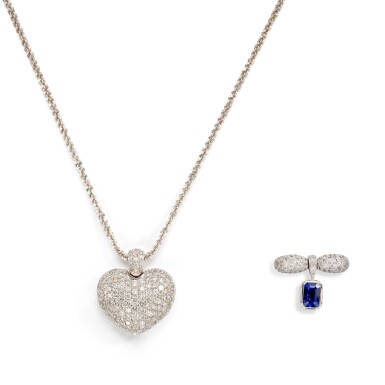 View full screen - View 1 of Lot 2854. Diamond Pendent Necklace; and Sapphire and Diamond Ring | 鑽石項鏈 及 藍寶石 配 鑽石戒指 .