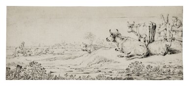 View full screen - View 1 of Lot 213. Landscape with Cattle and Two Figures.