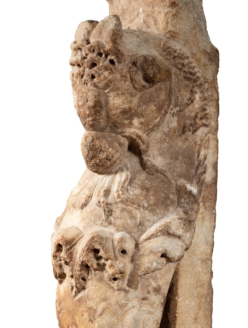 View full screen - View 1 of Lot 5. Roman marble table leg with ram's head, circa 2nd century A.D. | Pied de table (trapézophore) en marbre, art romain, vers le IIe siècle après J.-C..