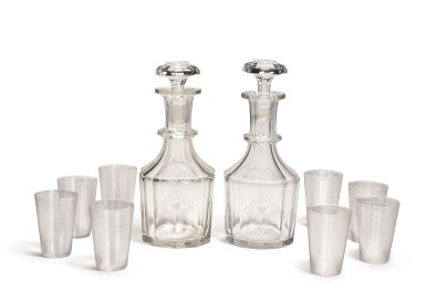 View full screen - View 1 of Lot 165. A SET OF TWO GLASS DECANTERS AND EIGHT BEAKERS FROM THE GRAND DUKE MICHAEL MIKHAILOVICH BANQUET SERVICE, IMPERIAL GLASSWORKS, ST PETERSBURG, 19TH CENTURY.