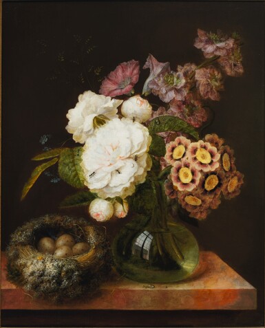 View full screen - View 1 of Lot 133. GEORGES FRÉDÉRIC ZIESEL | BOUQUET OF FLOWERS IN A VASE AND A BIRD’S NEST ON A MARBLE TABLE.