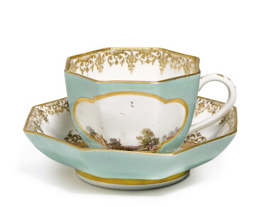 View full screen - View 1 of Lot 64. A Meissen pale-blue-ground octagonal teacup and saucer, Circa 1740.