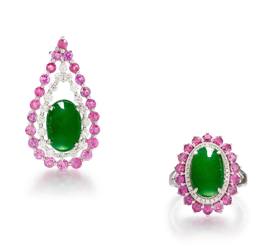 View full screen - View 1 of Lot 1661. JADEITE, PINK SAPPHIRE AND DIAMOND PENDANT AND RING | 天然翡翠 配 粉紅剛玉 及 鑽石 掛墜及戒指 .
