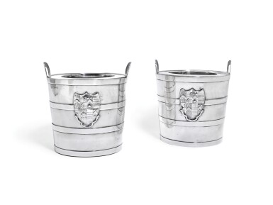 View full screen - View 1 of Lot 134. A PAIR OF GEORGE III SILVER WINE COOLERS, JOHN SCOFIELD, LONDON, 1790.