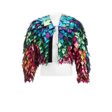 View full screen - View 1 of Lot 56. Freddie Mercury's rainbow-coloured satin arrow appliqué jacket, 1982.