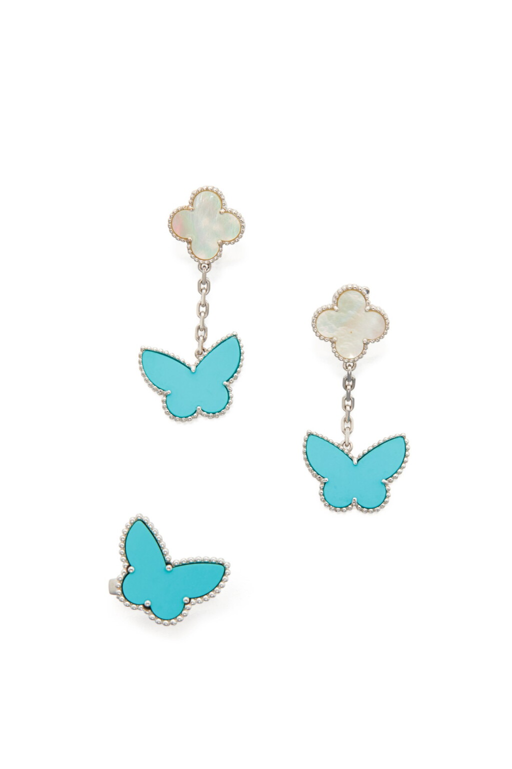 View full screen - View 1 of Lot 13. PAIR OF MOTHER-OF-PEARL AND TURQUOISE 'LUCKY ALHAMBRA' EARCLIPS AND TURQUOISE RING, VAN CLEEF & ARPELS, FRANCE.