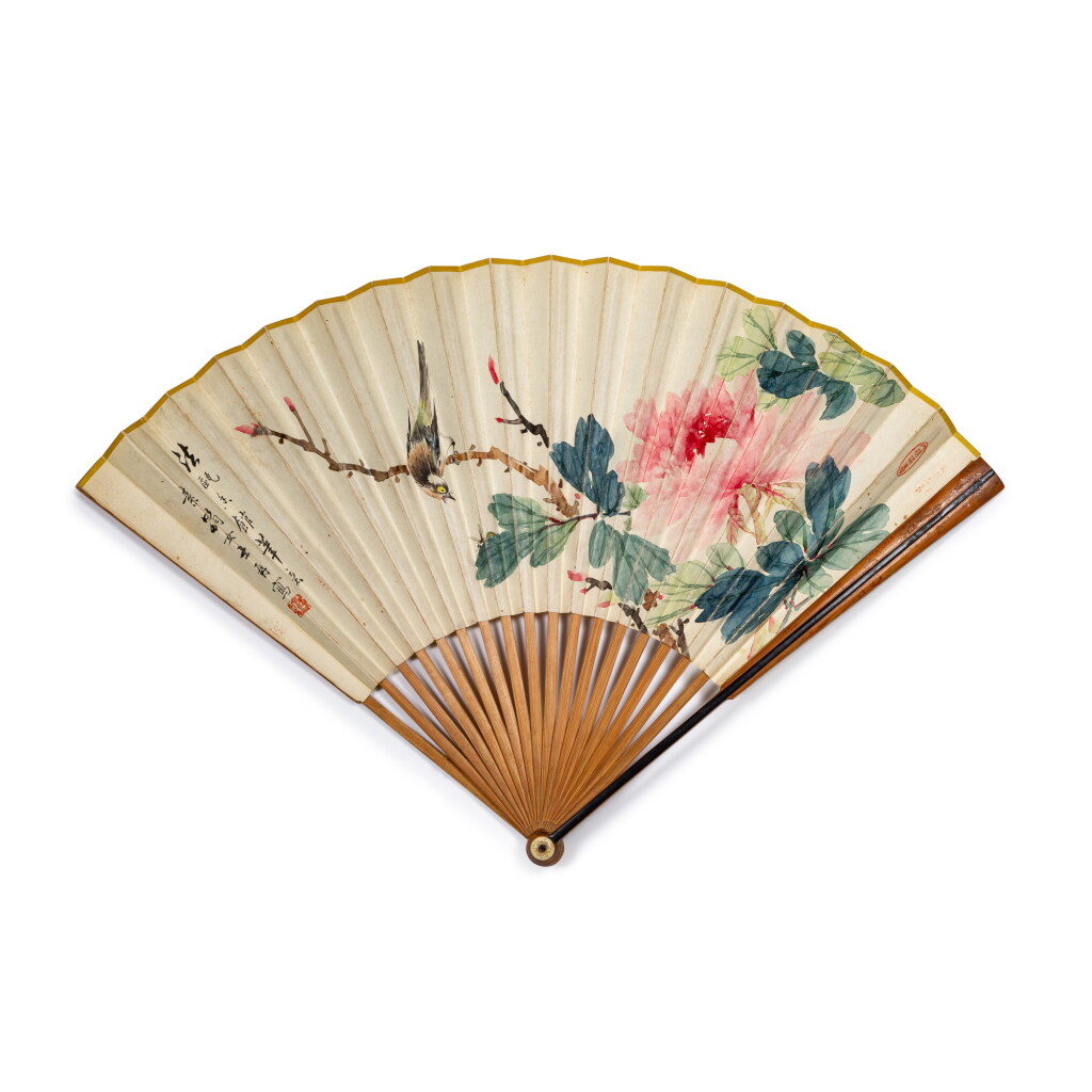 View full screen - View 1 of Lot 212. Miu Jiahui (1842-1918) 'Peony and bird' in the style of Yun Shouping; calligraphy in running script | 繆嘉蕙 仿惲壽平花鳥圖 設色紙本 成扇 鈐印:嘉蕙、內廷供奉.