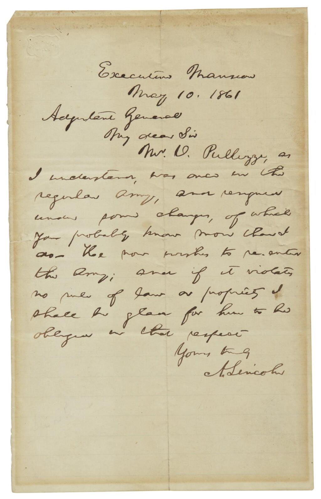 View full screen - View 1 of Lot 2130. Lincoln, Abraham. Autograph letter signed, to Adjutant General Lorenzo Thomas, 10 May 1861.