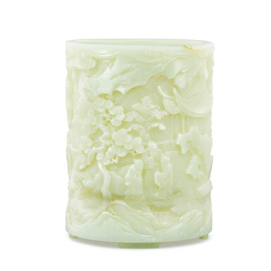 View full screen - View 1 of Lot 319. A white jade 'scholars' brushpot Qing dynasty | 清 白玉高士賞遊圖筆筒.