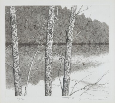 View full screen - View 1 of Lot 86. A modern etching of trees by a river, signed and dated 1978, and numbered 17/120.