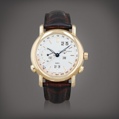 View full screen - View 1 of Lot 681. Reference 326-22 Montre bracelet quantième perpétuel en or rose avec double fuseau horaire | Pink gold perpetual calendar wristwatch with dual time zone Vers 2000 | Circa 2000.