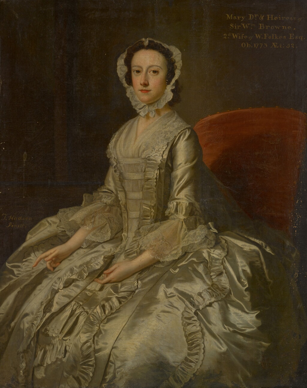View full screen - View 1 of Lot 63. THOMAS HUDSON | Portrait of Mary Ffolkes, née Browne (1721-73), three-quarter-length, seated wearing a white satin dress.