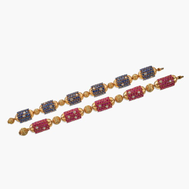 View full screen - View 1 of Lot 1489. Pair of Ruby, Sapphire and Diamond Bracelets | 紅寶石 配 藍寶石 及 鑽石 手鏈一對.