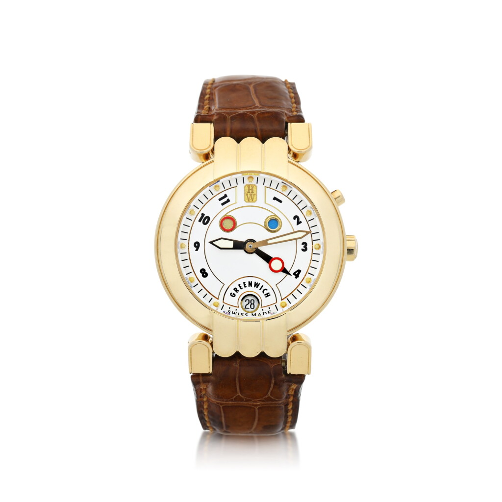 View full screen - View 1 of Lot 68. HARRY WINSTON | GREENWICH A YELLOW GOLD AUTOMATIC DUAL TIME WRISTWATCH WITH DATE AND DAY AND NIGHT INDICATION, CIRCA 1998 .