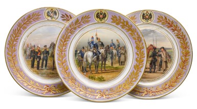 View full screen - View 1 of Lot 110. Three porcelain military plates, Imperial Porcelain Factory, St Petersburg, period of Alexander II, 1871-1875.