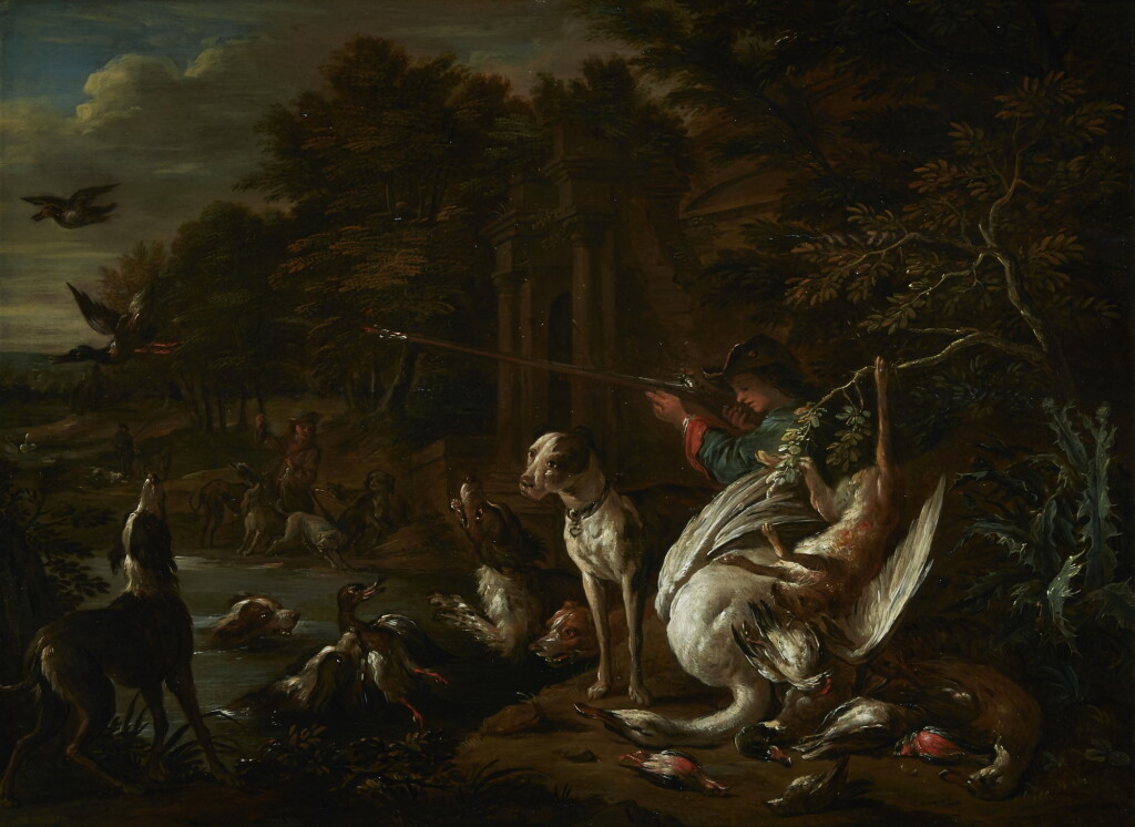 View full screen - View 1 of Lot 230. ADRIAEN DE GRYEF | A HUNTSMAN WITH HIS DOG AT THE WATER'S EDGE, SURROUNDED BY THEIR SPOILS.