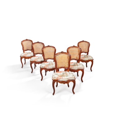 View full screen - View 1 of Lot 803. A set of six Louis XV stained beech chairs, circa 1750, stamped by Jacques Cheneaux .