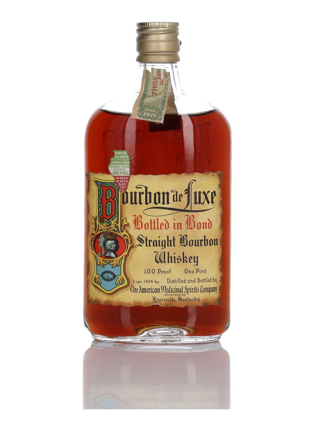 View full screen - View 1 of Lot 171. Bourbon de Luxe Bottled In Bond 100 Proof 1916 (1 Bottle Pint).