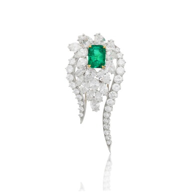 View full screen - View 1 of Lot 184. Emerald and diamond brooch, 1960s.