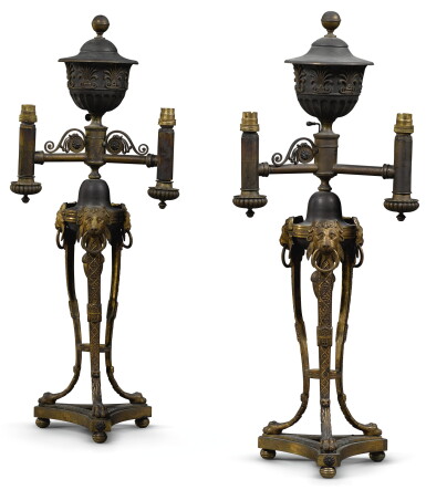 View full screen - View 1 of Lot 48. A PAIR OF REGENCY GILT AND PATINATED BRASS COLZA 'PATENT' LAMPS, CIRCA 1812, ATTRIBUTED TO SMETHURST AND PAUL.