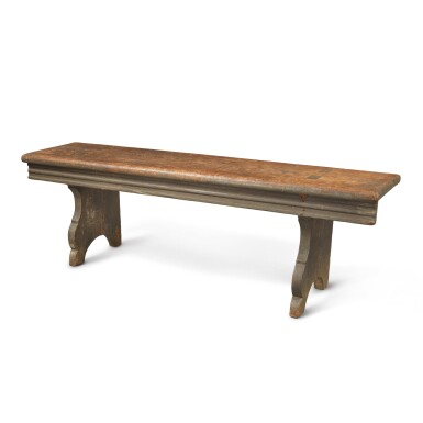 View full screen - View 1 of Lot 503. Fine William and Mary Grey Painted Oak Bench, Southeastern Pennsylvania, Circa 1750.