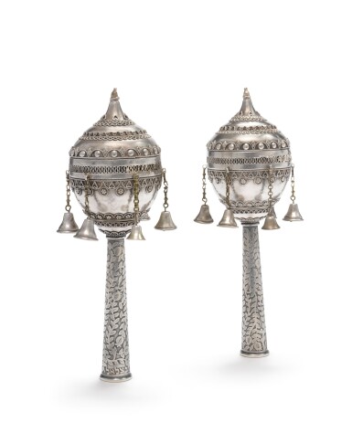 View full screen - View 1 of Lot 121. A PAIR OF BEZALEL SILVER SMALL TORAH FINIALS, JERUSALEM, CIRCA 1920.