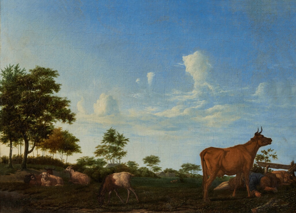 View full screen - View 1 of Lot 67. Sheep, Goats, a Cow, and a Sleeping Shepherd in Meadow.