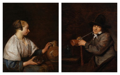 View full screen - View 1 of Lot 50. Portrait of a Woman in Profile, Holding a Jug; Portrait of a Man Smoking.