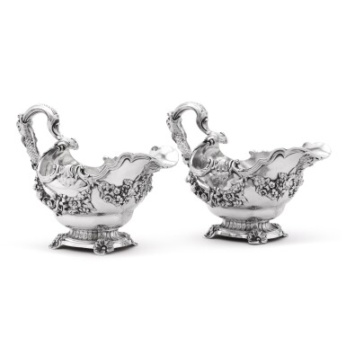 View full screen - View 1 of Lot 28. A pair of George II silver sauceboats, Lewis Pantin, London 1738/1739.