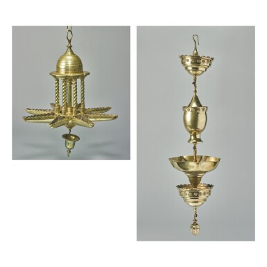 View full screen - View 1 of Lot 96. TWO BRASS HANGING SABBATH LAMPS, LATE 19TH/EARLY 20TH CENTURY.