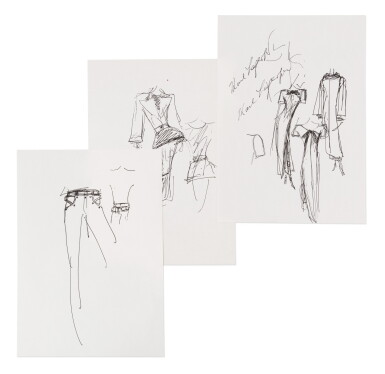 View full screen - View 1 of Lot 23. Three studies for fashion, probably in the 90's | Trois croquis de mode, probablement des années 1990.