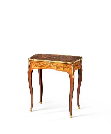 View full screen - View 1 of Lot 32. A lacquer, flower marquetry and satiné table, Louis XV, circa 1750, stamped by Jacques-Philippe Carel | Table à écrire en marqueterie de fleurs et plateau de laque d'époque Louis XV, vers 1750, estampille de Jacques-Philippe Carel.
