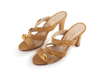 View full screen - View 1 of Lot 101. CHANEL | PAIR OF SUEDE LEATHER HEEL SANDALS .