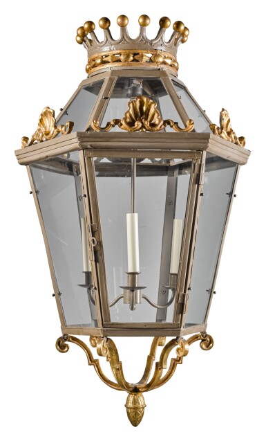 View full screen - View 1 of Lot 194. A GREY PAINTED AND PARCEL-GILT HEXAGONAL LANTERN MODERN.