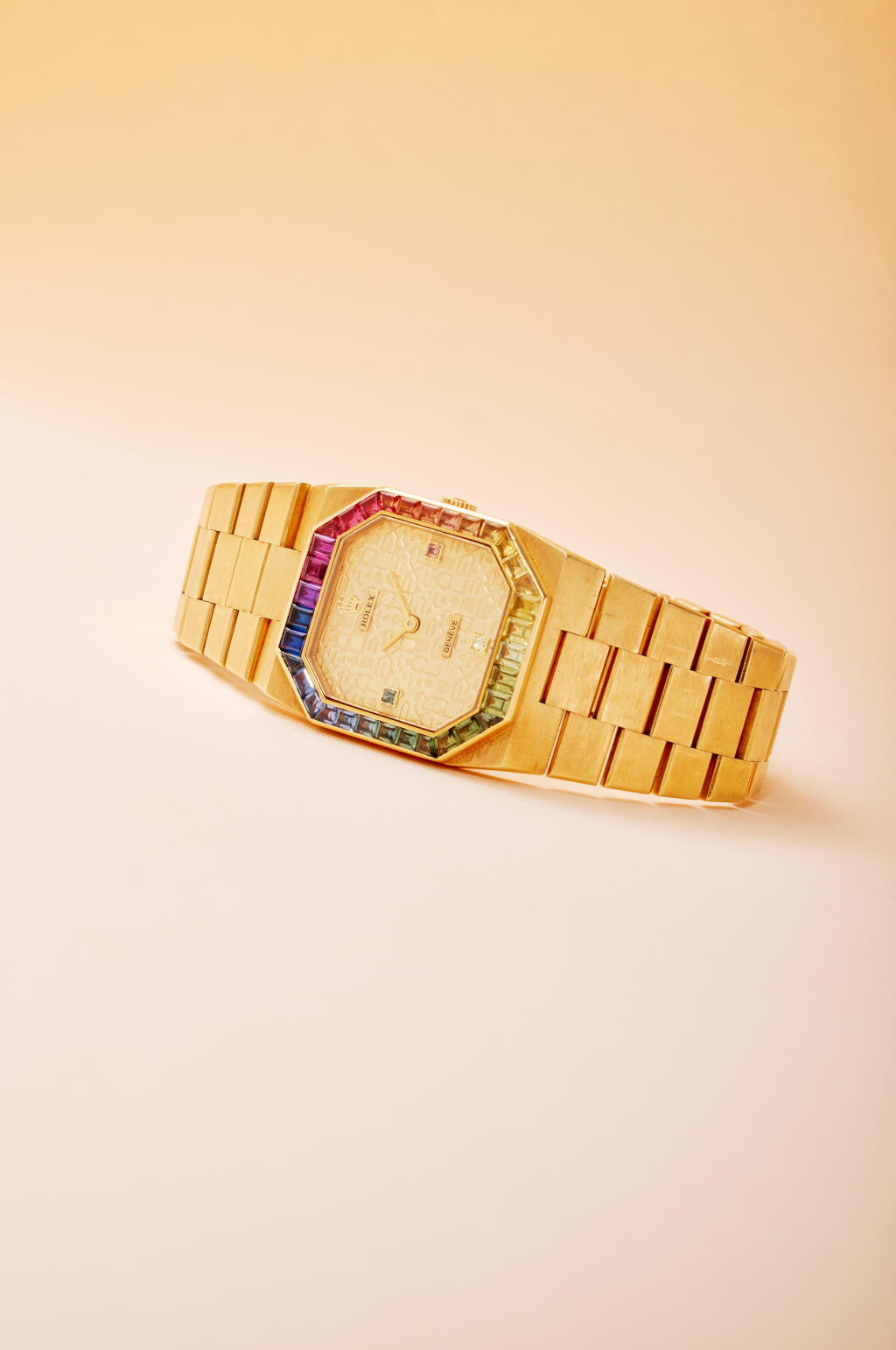 View full screen - View 1 of Lot 138. Reference 4954 Cellini 'Rainbow' | A rare yellow gold, diamond and multi-colored gem-set wristwatch with bracelet, Circa 1981.