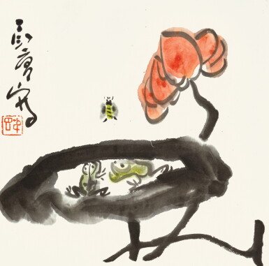 View full screen - View 1 of Lot 634. 丁衍庸 紅荷雙蛙 | Ding Yanyong, Frogs by Red Lotus.