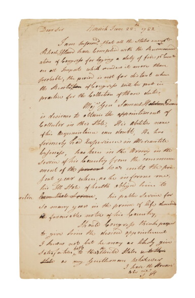 View full screen - View 1 of Lot 1132. Huntington, Samuel | Huntington endorses the appointment of General Samuel Holden Parsons.