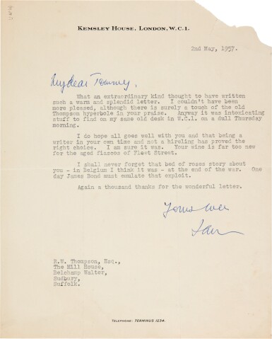 View full screen - View 1 of Lot 57. Ian Fleming | Typed letter signed, to Reginald William Thompson, 2 May 1957.