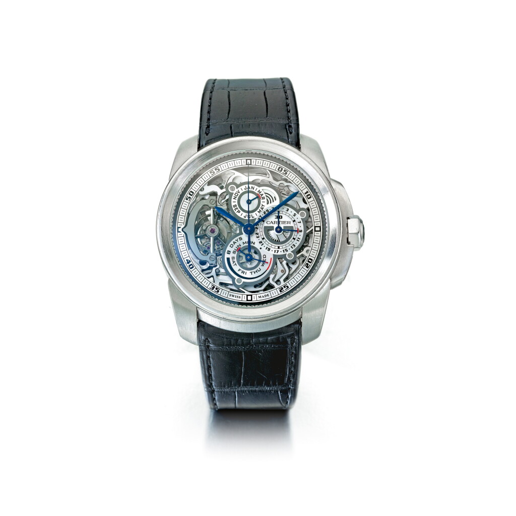 View full screen - View 1 of Lot 985. CARTIER | REF 3367 CALIBRE DE CARTIER GRAND COMPLICATION, A PLATINUM TOURBILLON PERPETUAL CALENDAR SINGLE-BUTTON CHRONOGRAPH WRISTWATCH WITH EIGHT DAY POWER RESERVE CIRCA 2011 | 卡地亞 |3367型號「CALIBRE DE CARTIER GRAND COMPLICATION」鉑金陀飛輪萬年曆單按鈕計時腕錶備8日動力儲存,年份約2011.
