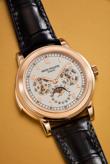 View full screen - View 1 of Lot 115. REFERENCE 5074R-012 A PINK GOLD AUTOMATIC MINUTE REPEATING PERPETUAL CALENDAR WRISTWATCH WITH CATHEDRAL GONG, MOON PHASES, 24 HOURS, AND LEAP YEAR INDICATION, CIRCA 2017.